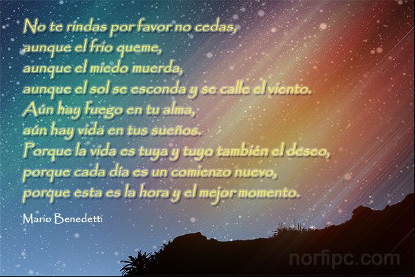 No te rindas por favor no cedas, aunque el frio queme, aunque el miedo muerda, aunque el sol se esconda y se calle el viento. No te rindas. Un poema de Mario Benedetti