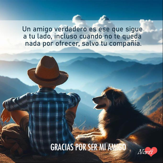 Un amigo verdadero es ese que sigue a tu lado, incluso cuando no te queda nada por ofrecer, salvo tu compañía Muchacho sentado al lado de su perro mirando a lo lejos al horizonte las montañas, cielo azul
