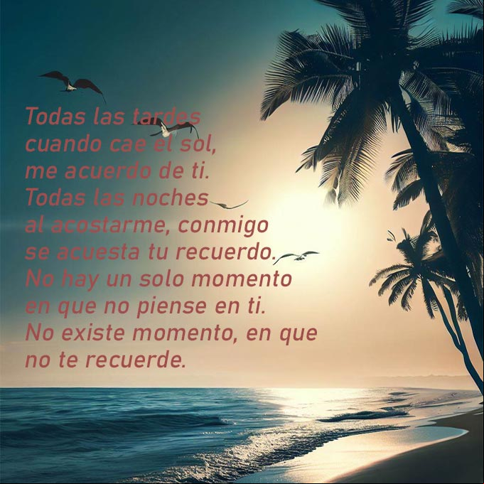 No hay un solo momento en que no piense en ti, ni existe momento, en que no te recuerde. Poema Playa al atardecer