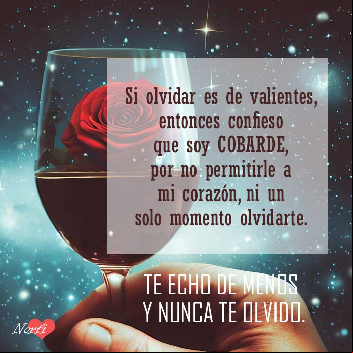 Si olvidar es de valientes, entonces confieso que soy cobarde, por no permitirle a mi corazón, ni un solo momento olvidarte Rosa roja en una copa de vino