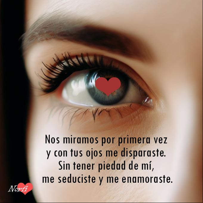 Nos miramos por primera vez y con tus ojos me disparaste. Sin tener piedad de mí, me miraste y me enamoraste Un Disparo de amor, imagen para enamorados