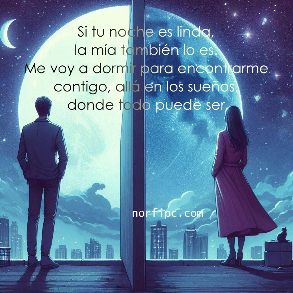 Si tu noche es linda, la mía también lo es. Me voy a dormir para encontrarme contigo, allá en los sueños, donde todo puede ser Pareja mirando la luna separados por una pared