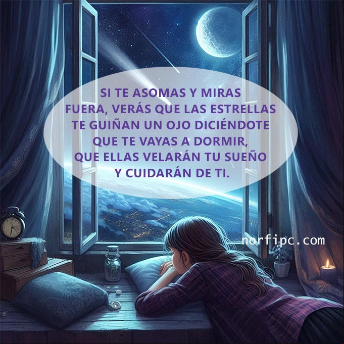 Si te asomas y miras fuera, verás que las estrellas te guiñan un ojo y sonríen diciéndote que te vayas a dormir, que ellas velarán tu sueño y cuidarán de ti Chica acostada mirando por ventana la noche estrellada