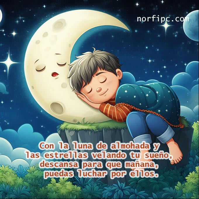 ¡Buenas noches! Con la luna de almohada y las estrellas velando tu sueño, descansa para que mañana, puedas luchar por ellos Chico durmiendo con la luna de almohada