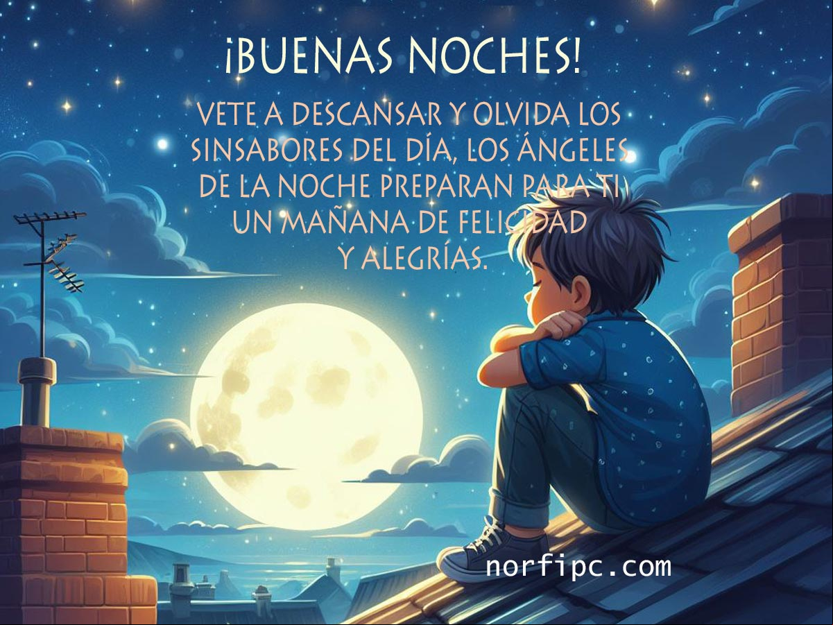 ¡Buenas noches! Vete a descansar y olvida los sinsabores del día, los ángeles de la noche preparan para ti un mañana lleno de felicidad y alegrías Chico sentado sobre un techo bajo la luna y la noche estrellada