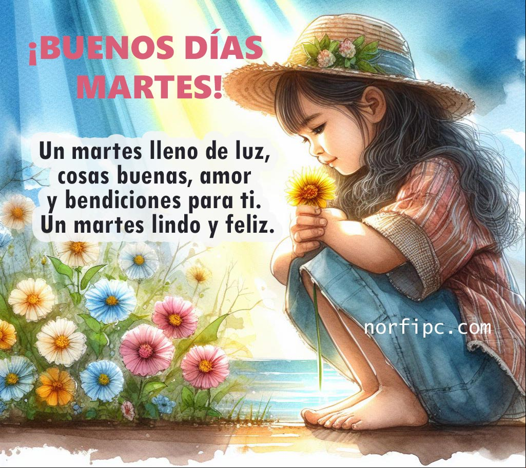 ¡Buenos días martes! Un martes lleno de luz, cosas buenas, amor y bendiciones para ti. Un martes lindo y feliz Chica con flores al amanecer. ilustración