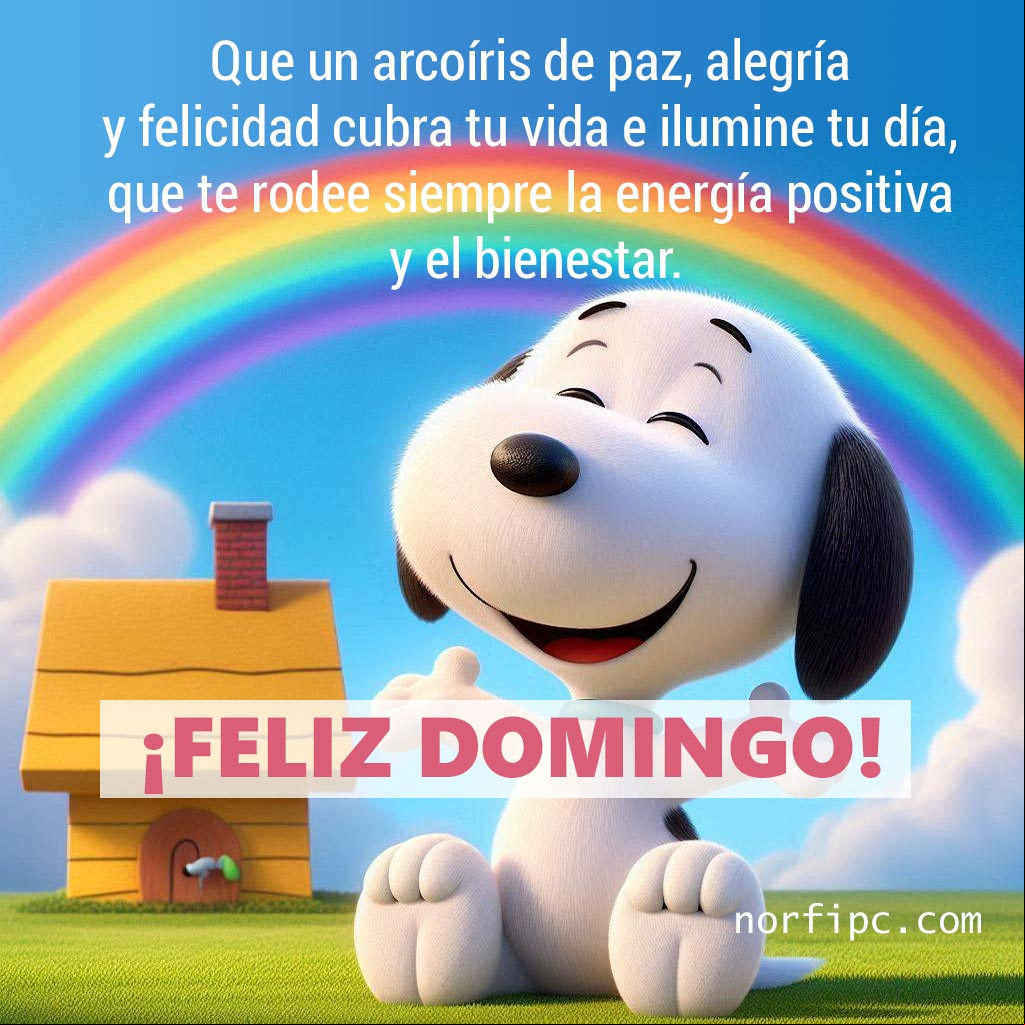 Que un arcoíris de paz, alegría y felicidad cubra tu vida e ilumine tu día, que te rodee siempre la energía positiva y el bienestar. Snoopie sonriendo con los brazos abiertos, detras su casita y un arcoíris sobre ella