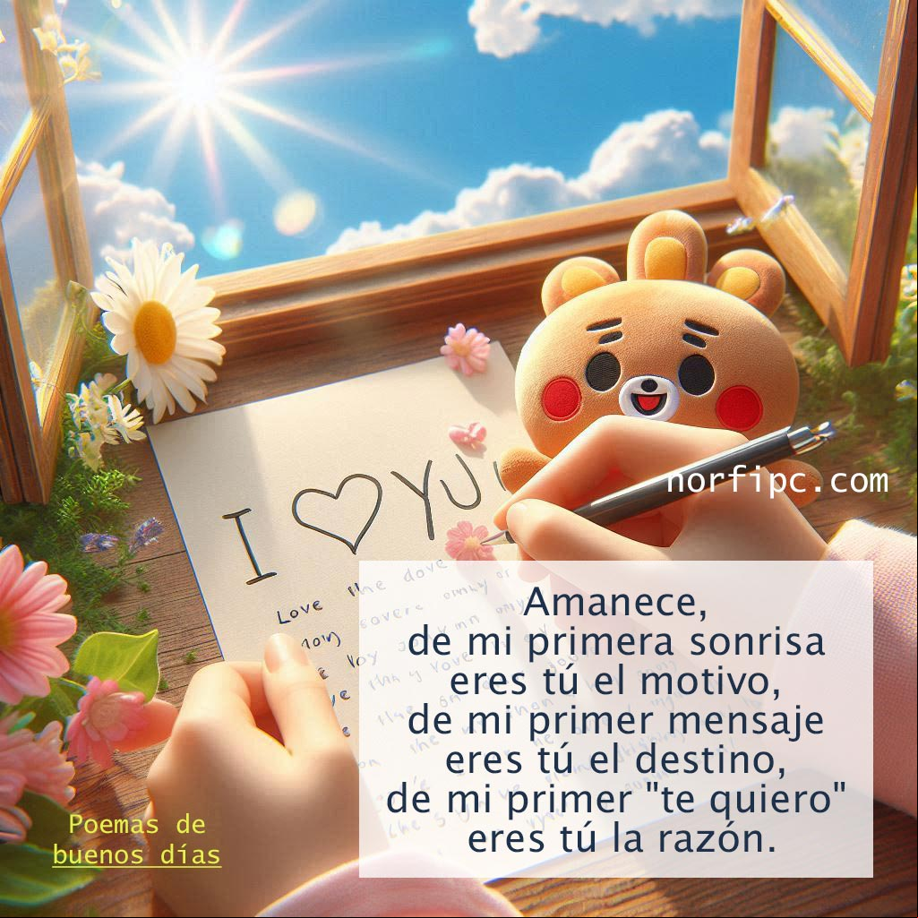 Amanece, de mi primera sonrisa eres tú el motivo, de mi primer mensaje eres tú el destino, de mi primer te quiero eres tú la razón. Mano escribiendo mensaje de te quiero