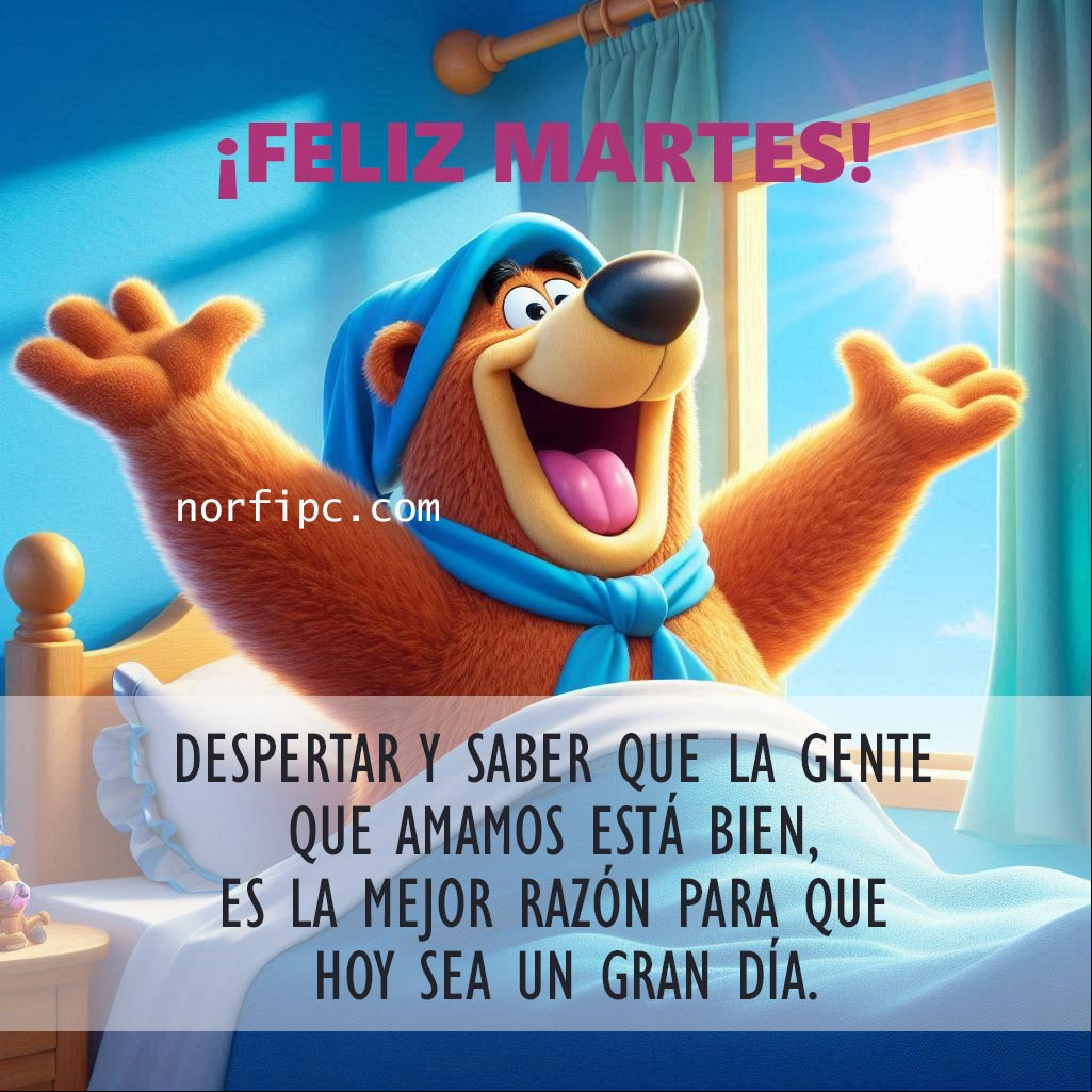 Despertar y saber que la gente que amamos está bien, es la mejor razón para que hoy sea un gran día Oso Yogui en la cama despertando y bostezando con los brazos abiertos