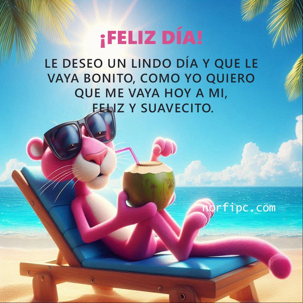 Le deseo un lindo día y que le vaya bonito, como yo quiero que me vaya hoy a mi: feliz y suavecito La Pantera rosa acostada en una tumbona en una playa