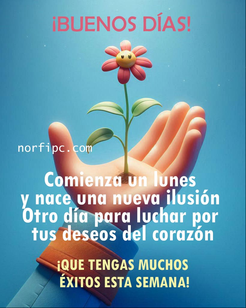Comienza un lunes y nace una nueva ilusión. Otro día para luchar por tus deseos del corazón. ¡Que tengas muchos éxitos esta semana! Flor brotando de una mano abierta