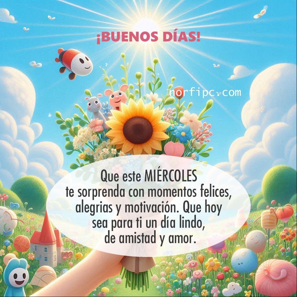 Buenos días, que este miércoles te sorprenda con muchos momentos felices, alegrías y motivación. Que hoy sea para ti un día lindo, de amistad y amor Ramo con flores y paisaje al amanecer