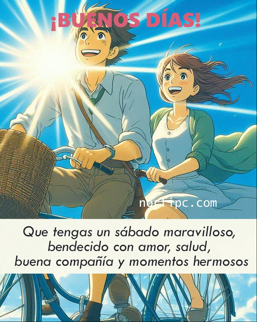 Que tengas un sábado maravilloso, bendecido con amor, salud, buena compañía y momentos hermosos Hombre y mujer sonrientes en una bicicleta doble, ilustración