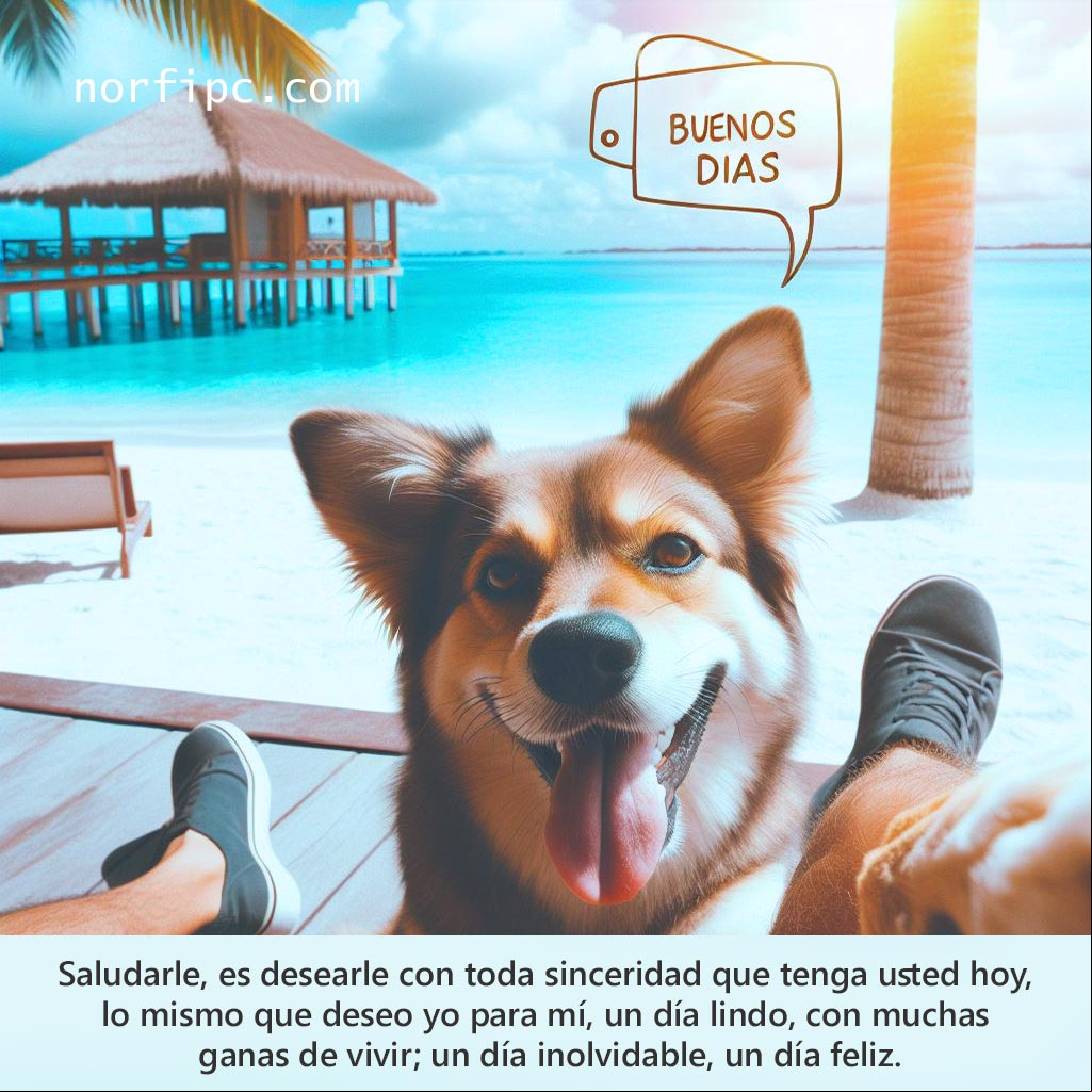 Saludarle, es desearle con toda sinceridad que tenga usted hoy, lo mismo que deseo yo para mí, un día lindo, con muchas ganas de vivir; un día inolvidable, un día feliz Perro en una playa al amanecer