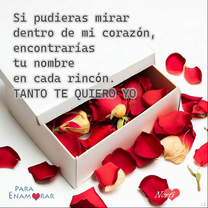 Si pudieras mirar dentro de mi corazón, encontrarías tu nombre en cada rincón. ¡Tanto te quiero yo! Caja con rosas rojas