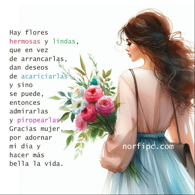 Gracias mujer, por adornar mi día y hacer más bella la vida. Acuarela de mujer con flores en la mano