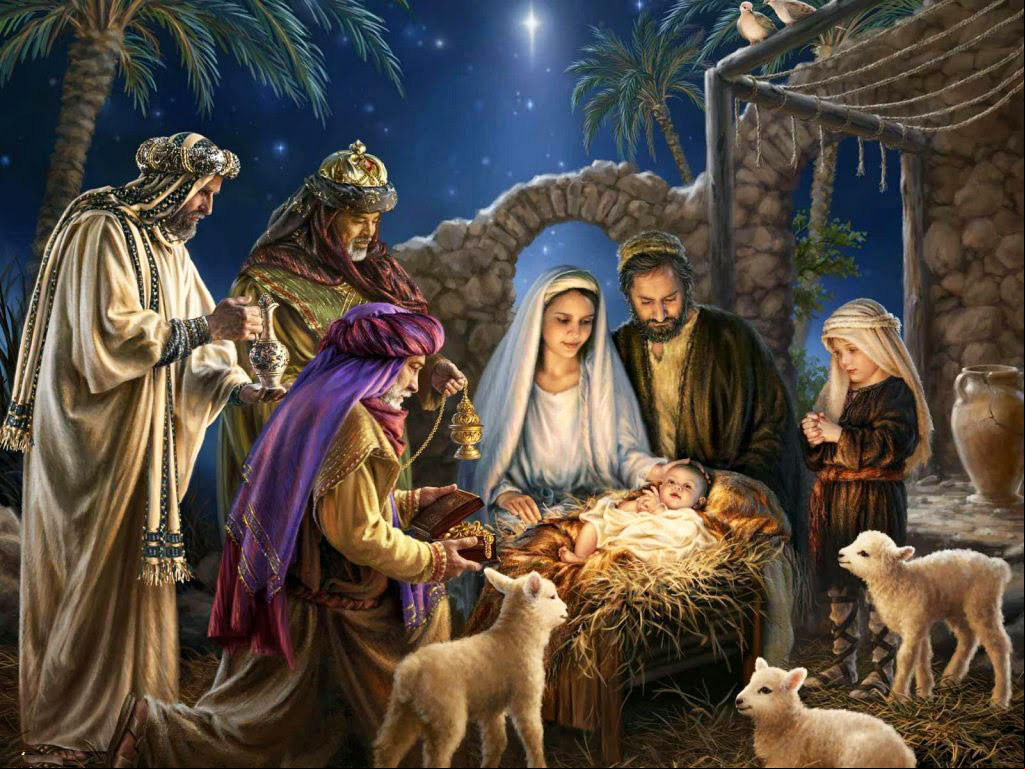 Pintura del nacimiento de Cristo en Belén. El niño Jesús en su humilde cuna, rodeado de María, José y los tres Reyes Magos. #NacimientoJesus Pintura del nacimiento de Cristo en Belén