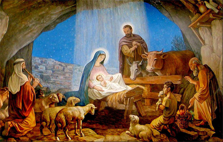 Nacimiento un 25 de diciembre del niño Jesús en un modesto pesebre en Belén Nacimiento un 25 de diciembre del niño Jesús en un modesto pesebre en Belén