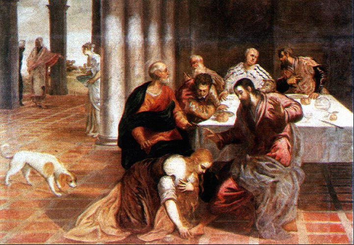 Unción de pies de Jesús, pintura de Jacopo Tintoretto Unción de pies de Jesús, pintura de Jacopo Tintoretto