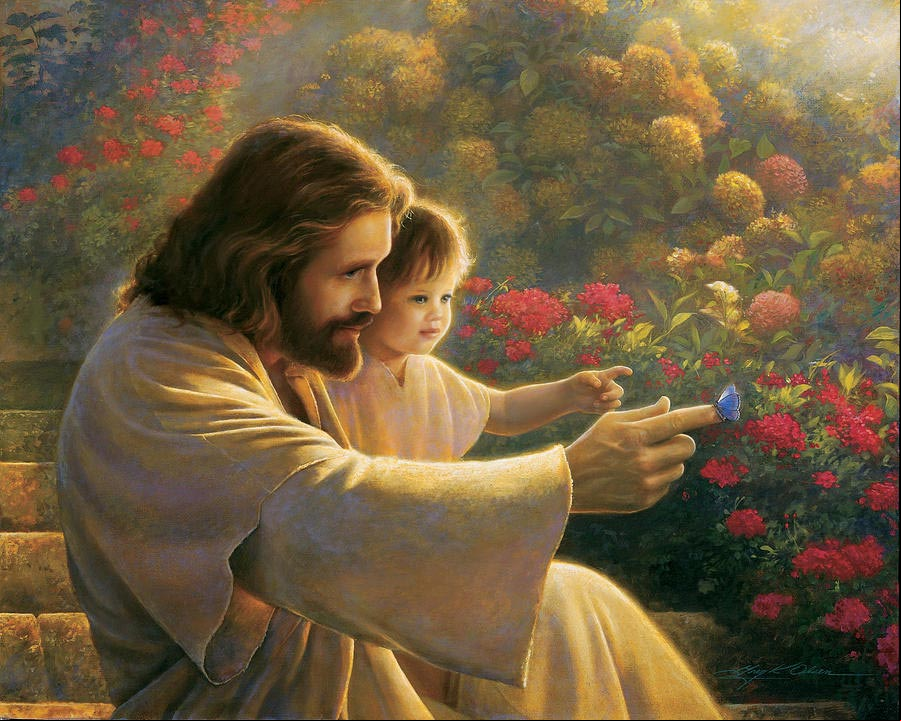 Precious in his sight, pintura de Greg Olsen, en la que se representa a Jesús en un jardín con un niño. #ImagenesJesus Pintura de Jesús en un jardín con un niño