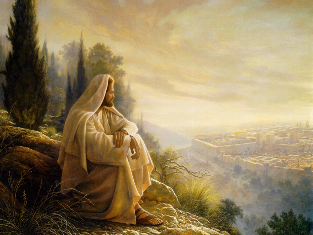 Jesús meditando. Pintura de Jesús en una colina y a sus pies la ciudad de Jerusalem. #ImagenesJesus Pintura de Jesús meditando