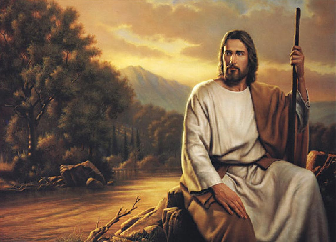 Jesús el pastor. Pintura que muestra a Jesús con su cayado descansando y observando a su rebaño. #ElBuenPastor Pintura de Jesús el pastor
