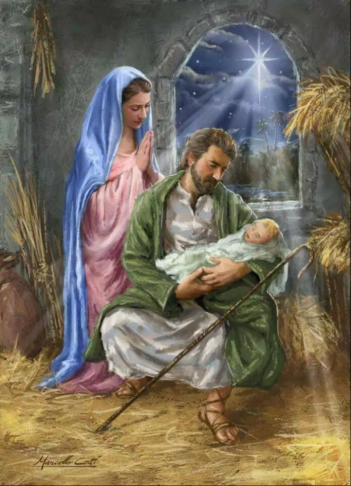 Hermosa pintura de José con el Niño Jesús en sus brazos y María a su lado. #NacimientoJesus Pintura de José con el Niño Jesús en sus brazos