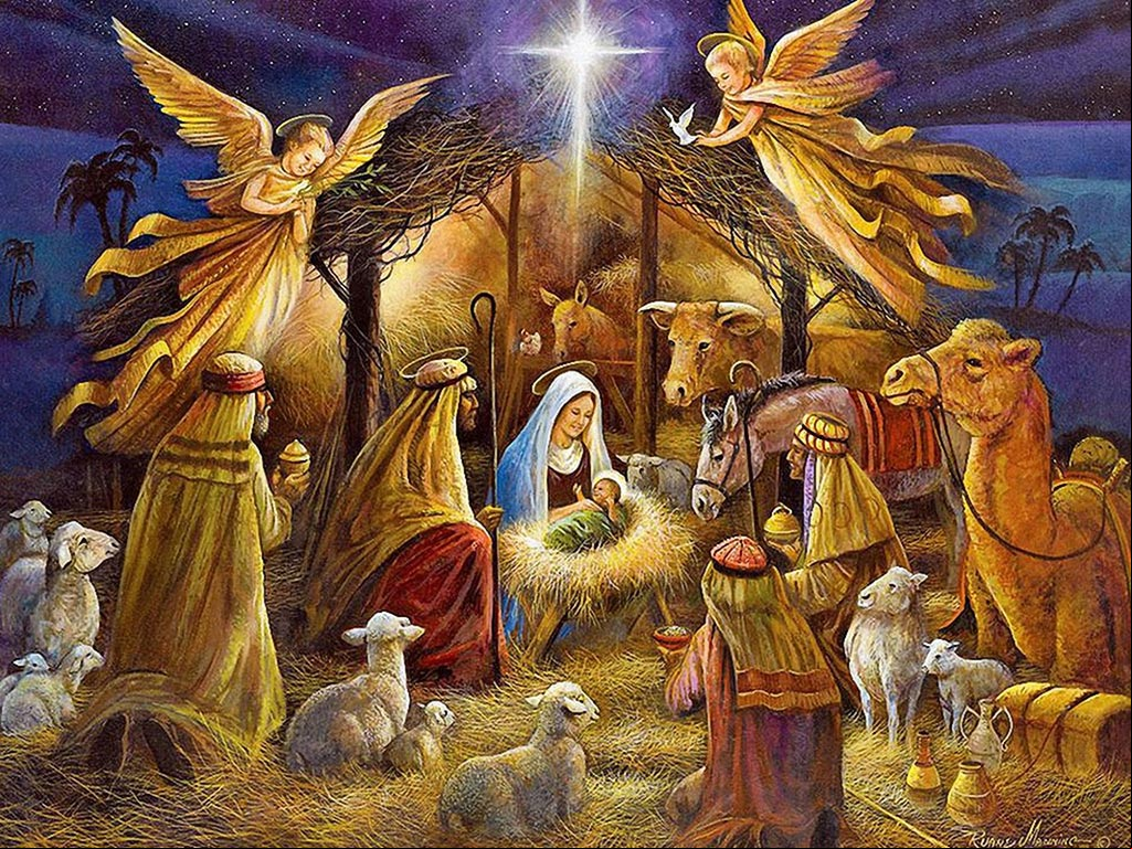 Nacimiento de Jesús en Belén. A su lado los Reyes Magos y en la parte superior el lucero que los guio desde el oriente. #NacimientoJesus Nacimiento de Jesús con los Reyes Magos