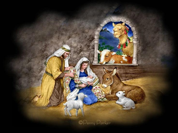 Pintura de Penny Parker que muestra el humilde Nacimiento del Cristo en un pesebre. #NacimientoJesus Nacimiento del Cristo