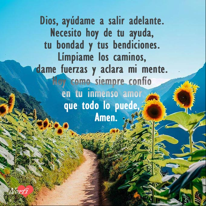 Dios, ayúdame a salir adelante. Necesito hoy de tu ayuda, tu bondad y tus bendiciones. Límpiame los caminos, dame fuerzas y aclara mi mente. Hoy como siempre confío en tu inmenso amor que todo lo puede, para solucionar mis problemas, Amen Camino con girasoles, con oración a Dios