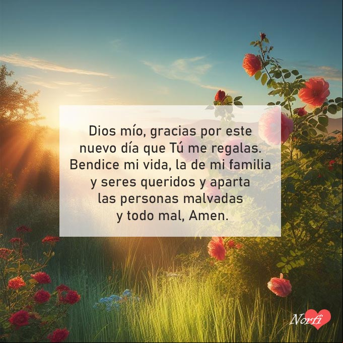 Dios mío, gracias por este nuevo día que Tú me regalas. Bendice mi vida, la de mi familia y seres queridos y aparta las personas malvadas y todo mal, Amen Paisaje con rosal, prado verde de fondo, amanecer, cielo azul