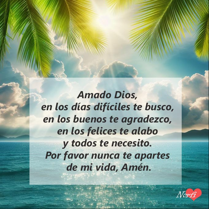 Amado Dios, en los días difíciles te busco, en los buenos te agradezco, en los felices te alabo y todos te necesito. Por favor nunca te apartes de mi vida, Amén Rayos del sol filtrándose hojas cocotero detrás de nubes blancas sobre mar azul