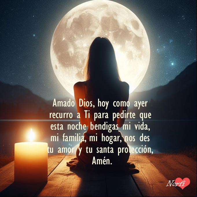Amado Dios, hoy como ayer recurro a Ti para pedirte que esta noche bendigas mi vida, mi familia, mi hogar, nos des tu amor y tu santa protección, Amén Mujer de espaldas arrodillada orando a dios, fondo noche luna llena estrellada