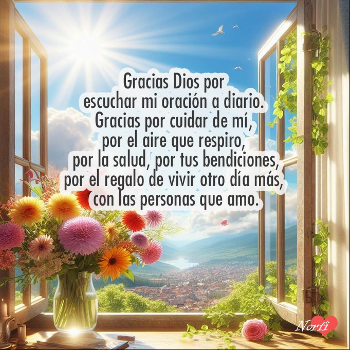 Gracias Señor por escuchar mi oración a diario. Gracias por cuidar de mí, por el aire que respiro, por la salud, por tus bendiciones. Gracias por el regalo de vivir otro día más, con las personas que amo. Ventana abierta con flores, cielo azul, rayos de sol