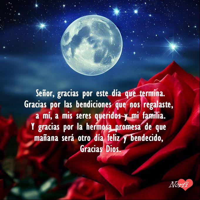 Señor, gracias por este día que termina. Gracias por las bendiciones que nos regalaste, a mí, a mis seres queridos y mi familia. Y gracias por la hermosa promesa de que mañana será otro día feliz y bendecido. Gracias Dios. #oraciones Rosas rojas en el jardín en noche de Luna llena
