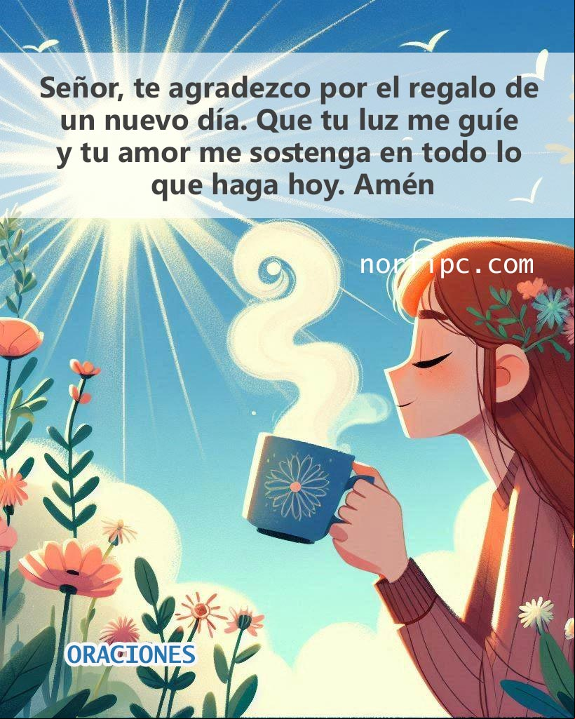 Señor, te agradezco por el regalo de un nuevo día. Que tu luz me guíe y tu amor me sostenga en todo lo que haga hoy. Amén Chica tomando café y orando a Dios al amanecer