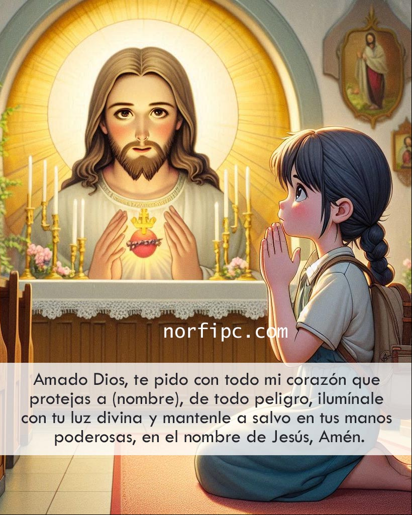 Amado Dios, te pido con todo mi corazón que protejas a (nombre), de todo peligro, ilumínale con tu luz divina y mantenle a salvo en tus manos poderosas, en el nombre de Jesús, Amén Chica de rodilla ante una imagen de jesus orando