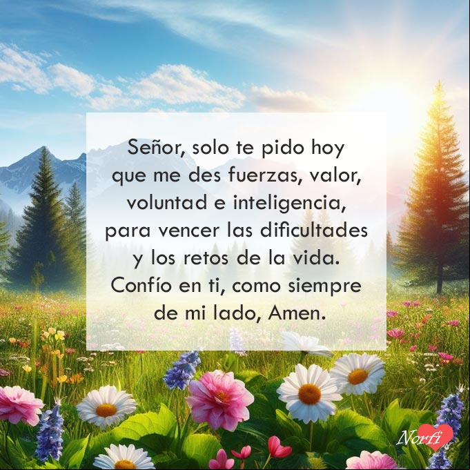 Señor, solo te pido hoy que me des fuerzas, valor, voluntad e inteligencia, para vencer las dificultades y los retos de la vida. Confío en ti, en tu inmenso amor, como siempre de mi lado, Amen Flores, prado verde, pinos, rayos de sol detrás montaña, cielo azul