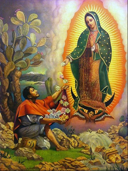 Pintura que representa la aparición de la Virgen de Guadalupe en el cerro del Tepeyac Pintura que representa la aparición de la Virgen de Guadalupe