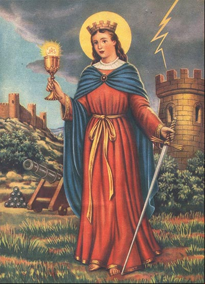Pintura antigua de Santa Bárbara con los atributos que más la representan: la torre, la espada, el rayo, la túnica roja y el cáliz Pintura antigua de la Santa Bárbara