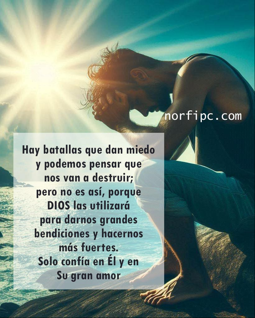 Hay batallas que dan miedo y podemos pensar que nos van a destruir; pero no es así, porque DIOS las utilizará para darnos grandes bendiciones y hacernos más fuertes. Solo confía en Él y en Su gran amor Hombre en la orilla del mar al amanecer agachado con la cabeza entre las manos