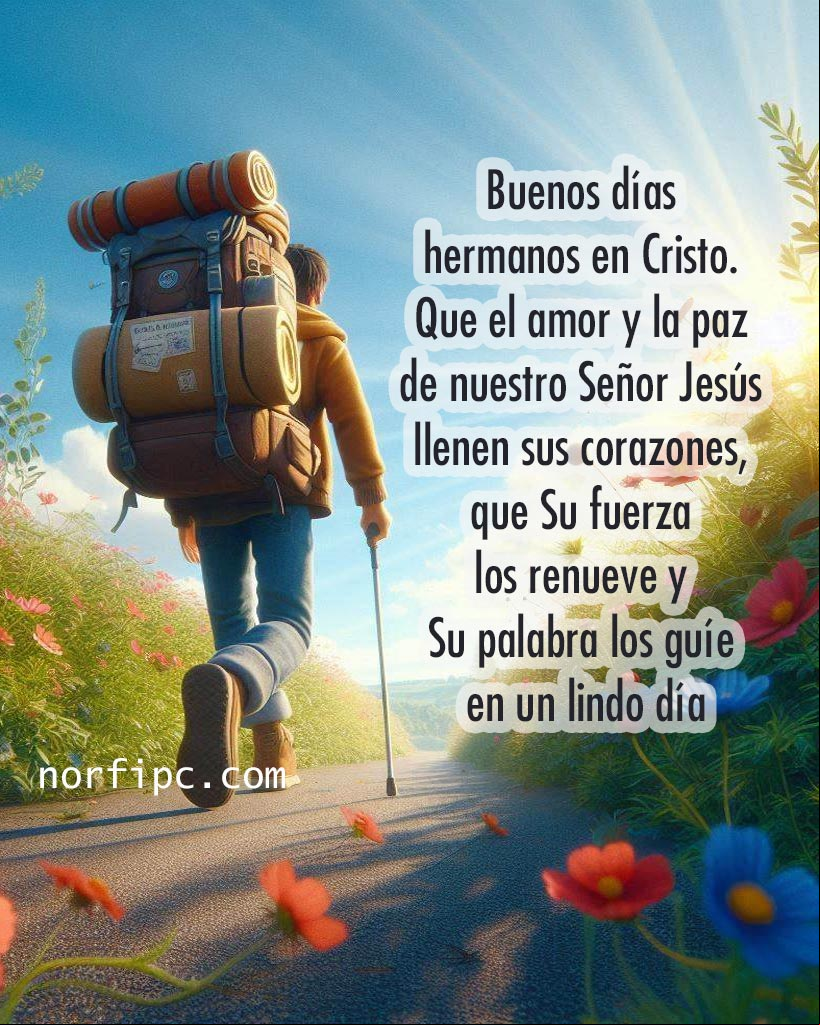 Buenos días, hermanos en Cristo. Que el amor y la paz de nuestro Señor Jesús llenen sus corazones hoy, que Su fuerza los renueve y Su palabra los guíe en un lindo día Persona caminando por un sendero entre flores bajo el cielo azul