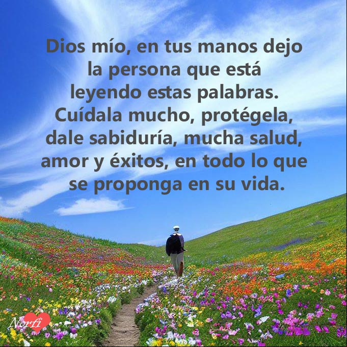 Dios mío, en tus manos dejo la persona que está leyendo estas palabras. Cuídala mucho, protégela, dale sabiduría, mucha salud, amor y éxitos, en todo lo que se proponga en su vida Persona caminando por un sendero rodeado de flores