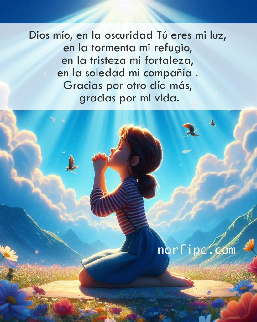 Dios mío, en la oscuridad Tú eres mi luz; en la tormenta, mi refugio; en la tristeza mi fortaleza, en la soledad, mi compañía. Gracias Dios Hombre orando a Dios bajo cielo estrellado