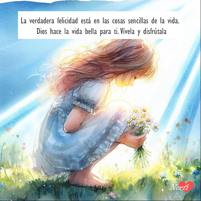 La verdadera felicidad está en las cosas sencillas de la vida. Dios hace la vida bella para ti. ¡Vívela y disfrútala! Chica agachada tomado con la mano una flor, animado