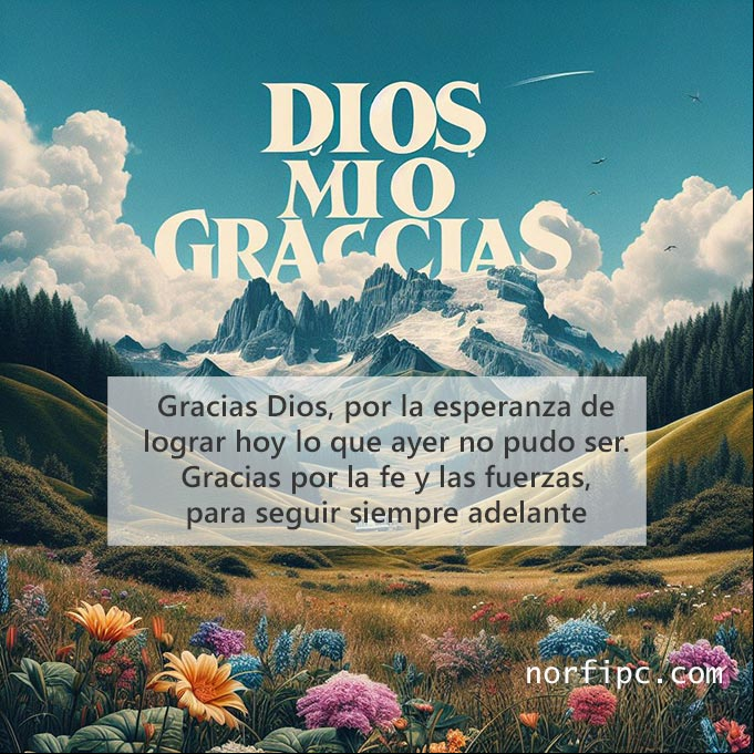 Gracias Dios, por la esperanza de lograr hoy lo que ayer no pudo ser. Gracias por la fe y las fuerzas, para seguir siempre adelante, pase lo que pase Paisaje campestre con flores y montañas
