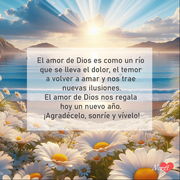 El amor de Dios nos regala un nuevo año. ¡Agradécelo, sonríe y vívelo! Playa con flores al amanecer