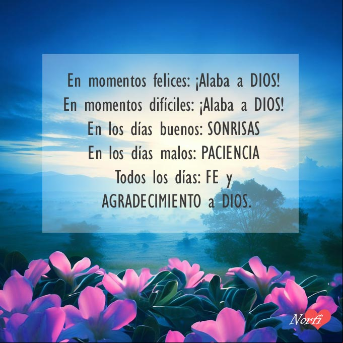 En momentos felices, ¡Alaba a DIOS! En momentos difíciles, ¡Alaba a DIOS! En los días buenos: sonrisas. En los días malos: paciencia. Todos los días: FE y AGRADECIMIENTO a DIOS Paisaje al amanecer con flores moradas en primer plano