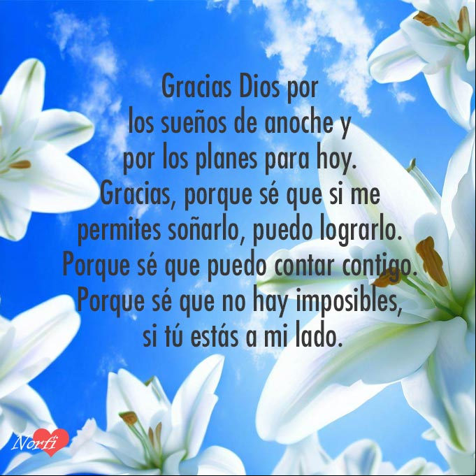 Gracias Dios por los sueños de anoche y por los planes para hoy. Gracias, porque sé que, si me permites soñarlo, puedo lograrlo. Porque sé que puedo contar contigo, Porque sé que no hay imposibles, si tú estás a mi lado Flores de lirio blanco al amanecer