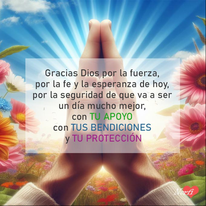 Gracias Dios por la fuerza, por la fe y la esperanza de hoy, por la seguridad de que va a ser un día mucho mejor, con tu apoyo, con tus bendiciones y tu protección Dos manos unidas en posicion de orar, detras cielo azul, rayos del sol